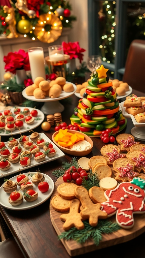 Festive Finger Foods for Christmas Party A festive display of Christmas party appetizers including skewers, stuffed mushrooms, veggie platter, cheese board, and gingerbread cookies.